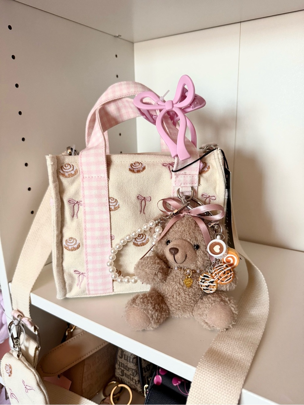 Madden Girl Pink & Beige Mini Canvas Tote with Teddy Charm